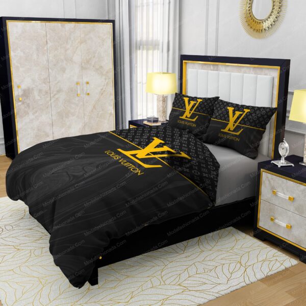 Black  Veinstone And Gold Louis Vuitton Bedding Sets - Image 4