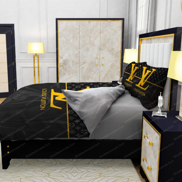 Black  Veinstone And Gold Louis Vuitton Bedding Sets - Image 6