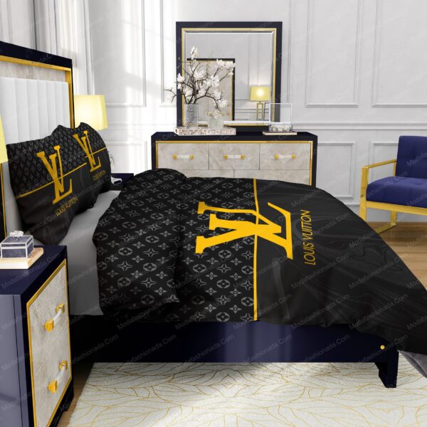 Black  Veinstone And Gold Louis Vuitton Bedding Sets - Image 7