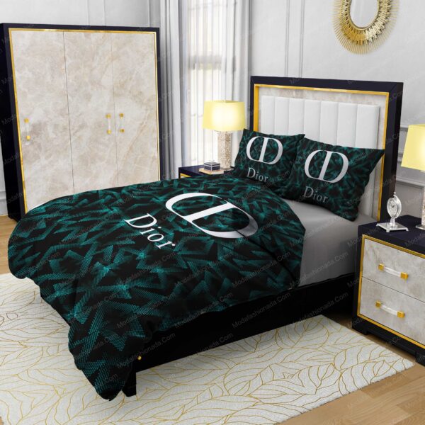 Dior Logo Black And Green Abstract Pattern Prominently Bedding Sets - Image 2