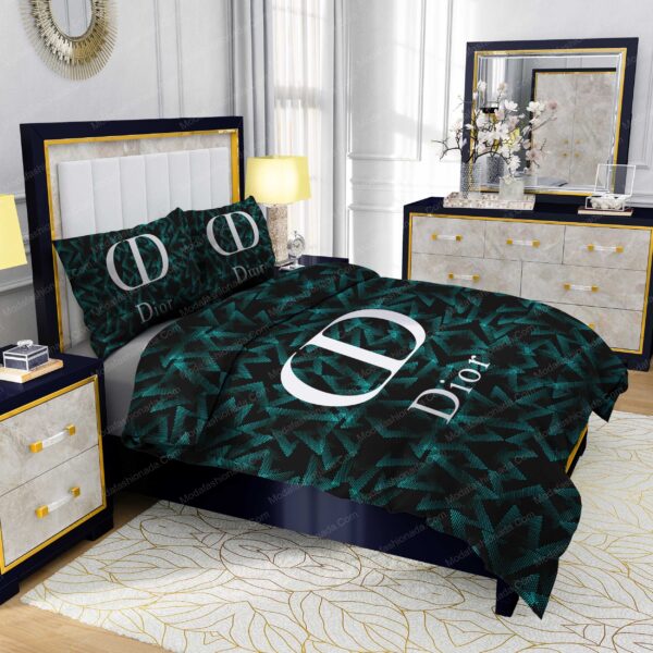 Dior Logo Black And Green Abstract Pattern Prominently Bedding Sets - Image 3