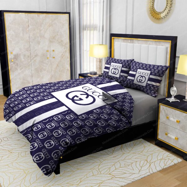 Gray And White Emblematic Gucci Recurring Logo Motifs Bedding Sets - Image 2