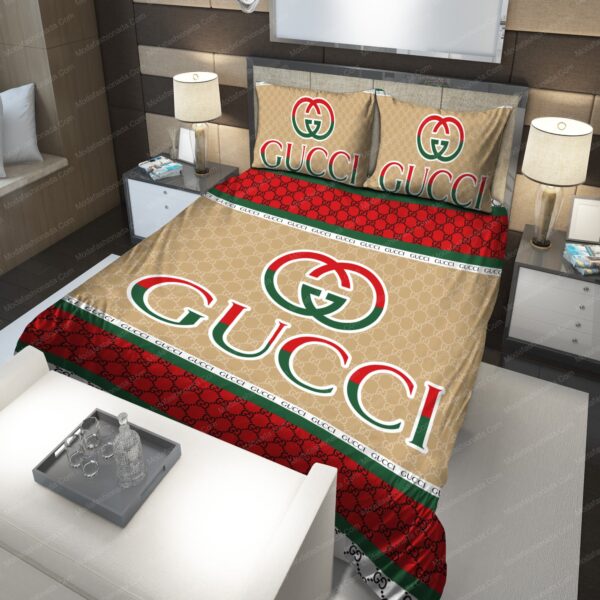 Gucci Logo Red And Green With Beige Background Color Bedding Sets - Image 2