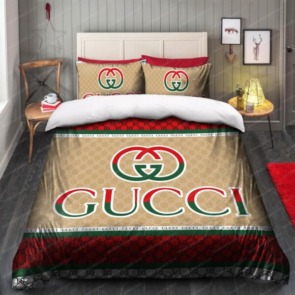 Gucci Logo Red And Green With Beige Background Color Bedding Sets - Image 5