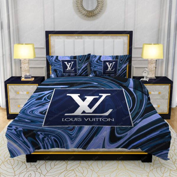 Louis Vuitton Dark Blue Marble Background Bedding Sets