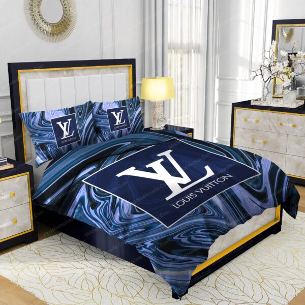 Louis Vuitton Dark Blue Marble Background Bedding Sets - Image 2
