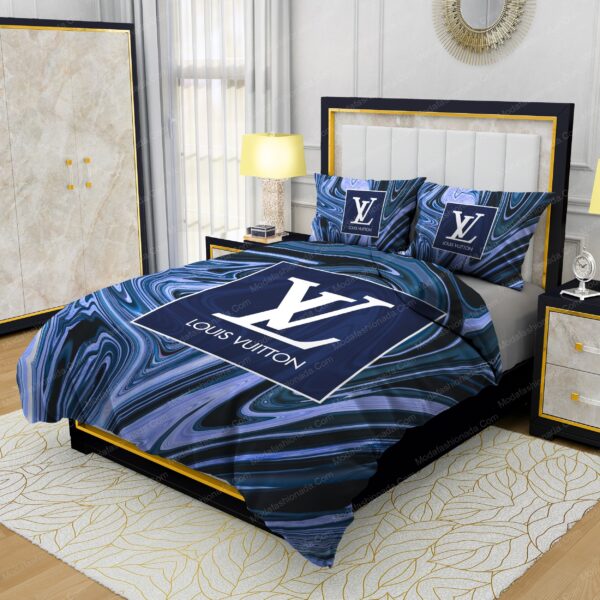 Louis Vuitton Dark Blue Marble Background Bedding Sets - Image 3
