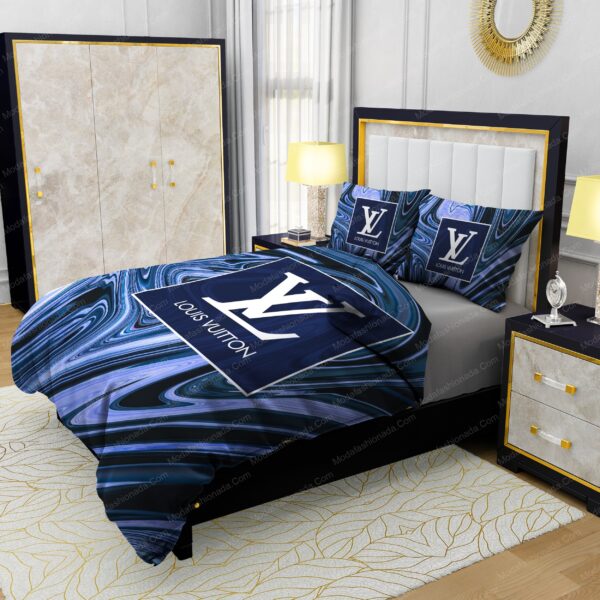 Louis Vuitton Dark Blue Marble Background Bedding Sets - Image 4