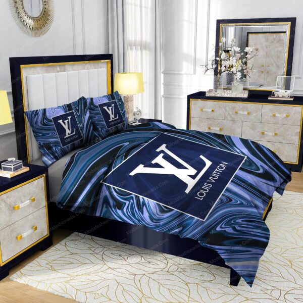Louis Vuitton Dark Blue Marble Background Bedding Sets - Image 5