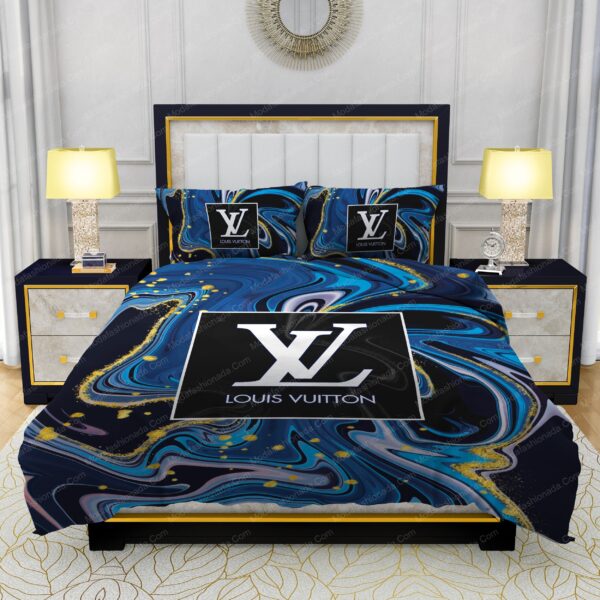 Louis Vuitton Watercolor Background With Golden Foil Bedding Sets