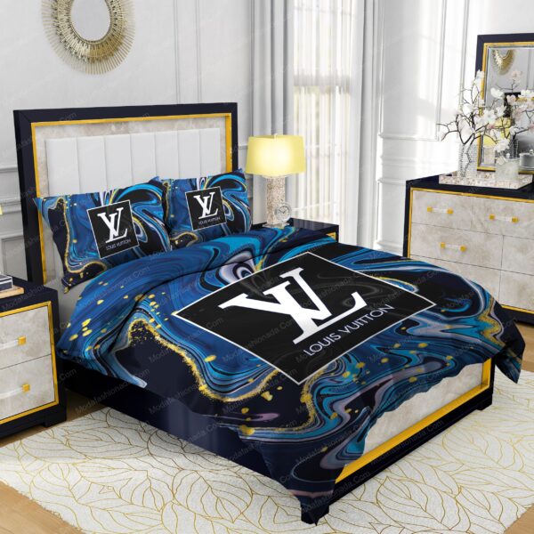 Louis Vuitton Watercolor Background With Golden Foil Bedding Sets - Image 2