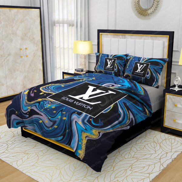 Louis Vuitton Watercolor Background With Golden Foil Bedding Sets - Image 3