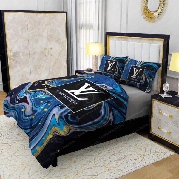 Louis Vuitton Watercolor Background With Golden Foil Bedding Sets - Image 4