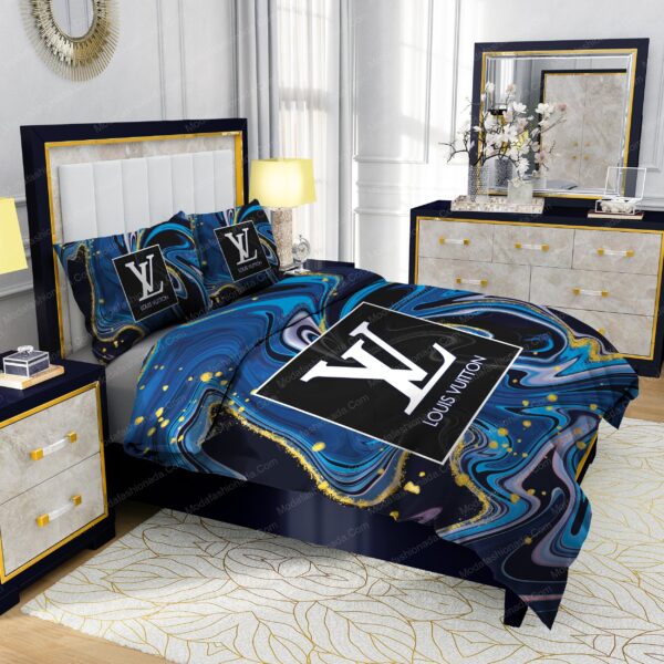 Louis Vuitton Watercolor Background With Golden Foil Bedding Sets - Image 5