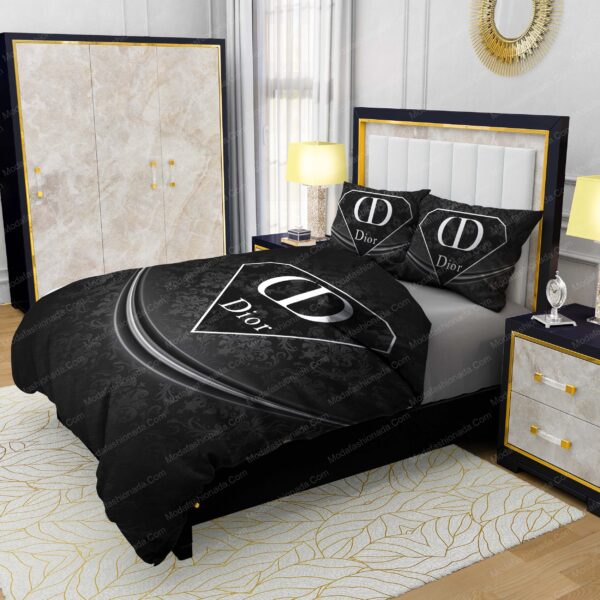Luxury Black With White Dior Logo Diamond Style Bedding Sets - Image 2