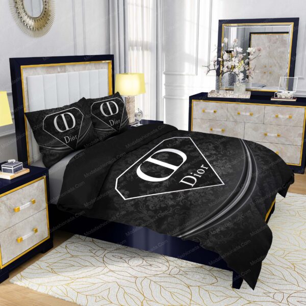 Luxury Black With White Dior Logo Diamond Style Bedding Sets - Image 3