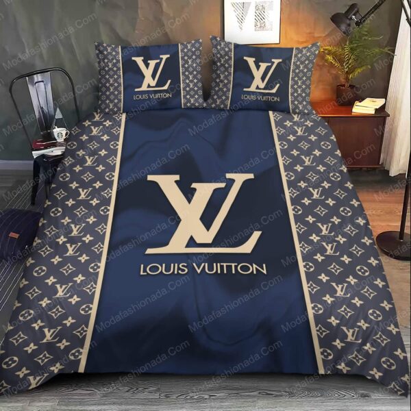 Navy Louis Vuitton Brand Color With Classic Monogram Pattern Bedding Sets - Image 2