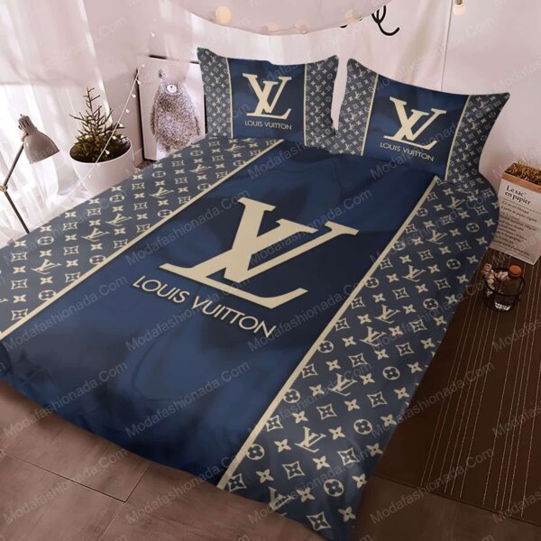 Navy Louis Vuitton Brand Color With Classic Monogram Pattern Bedding Sets - Image 3