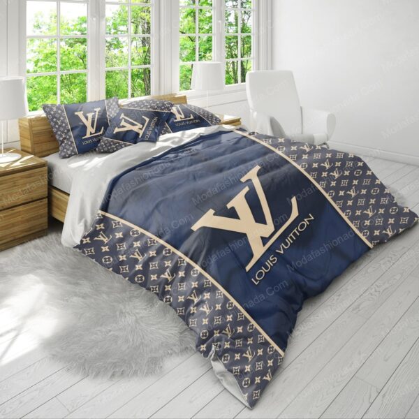 Navy Louis Vuitton Brand Color With Classic Monogram Pattern Bedding Sets - Image 4