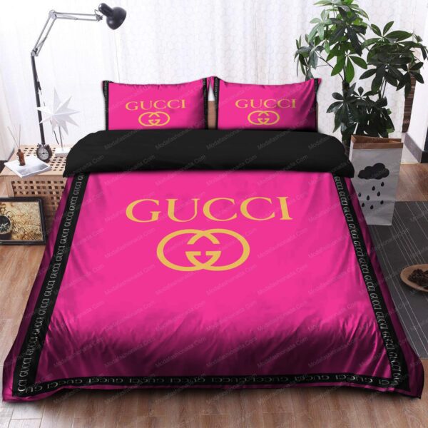 Gold Gucci Logo With Vibrant Pink Bedding Sets - Image 6