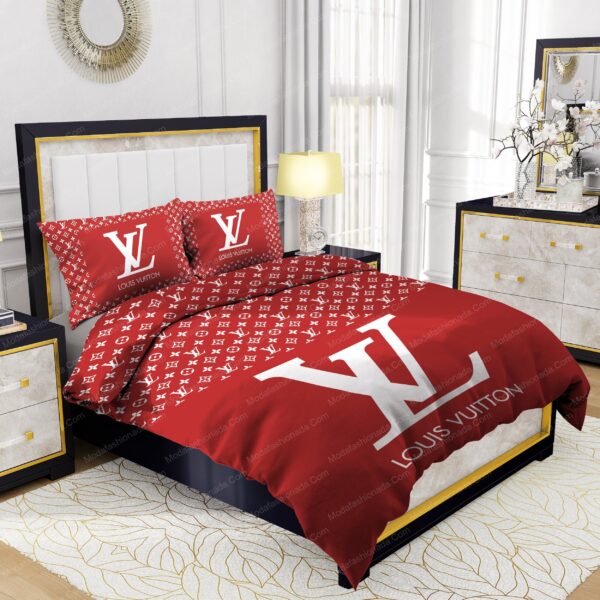Red Background And White Pattern Louis Vuitton Bedding Sets - Image 2
