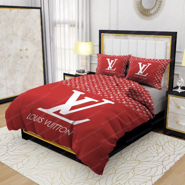 Red Background And White Pattern Louis Vuitton Bedding Sets - Image 3