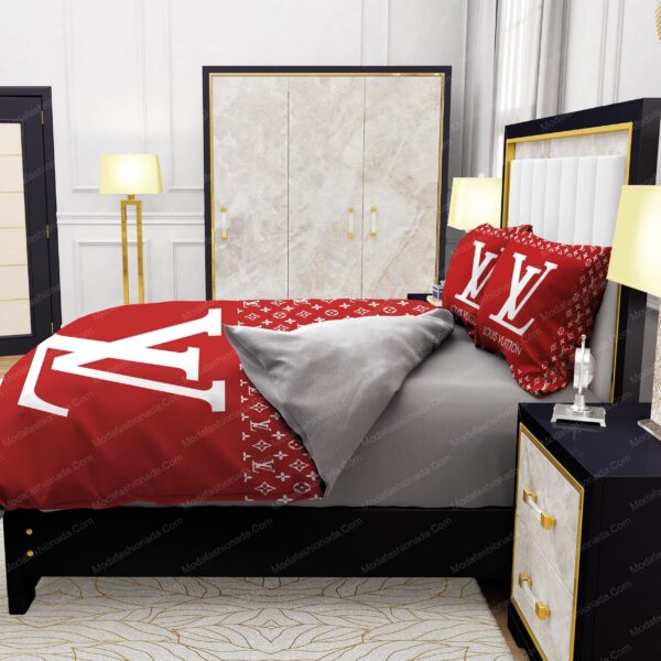 Red Background And White Pattern Louis Vuitton Bedding Sets - Image 6