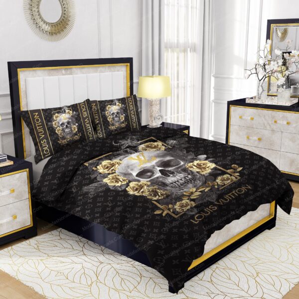Skull And Yellow Rose Louis Vuitton Bedding Sets - Image 2