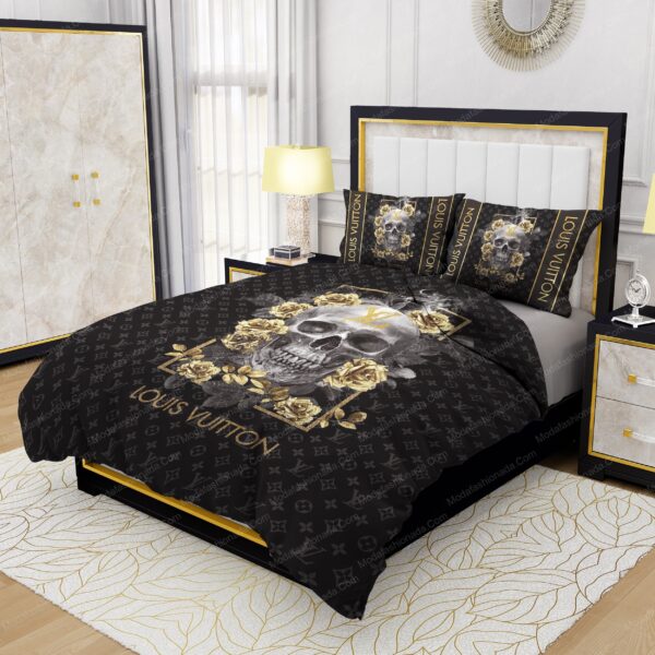 Skull And Yellow Rose Louis Vuitton Bedding Sets - Image 3