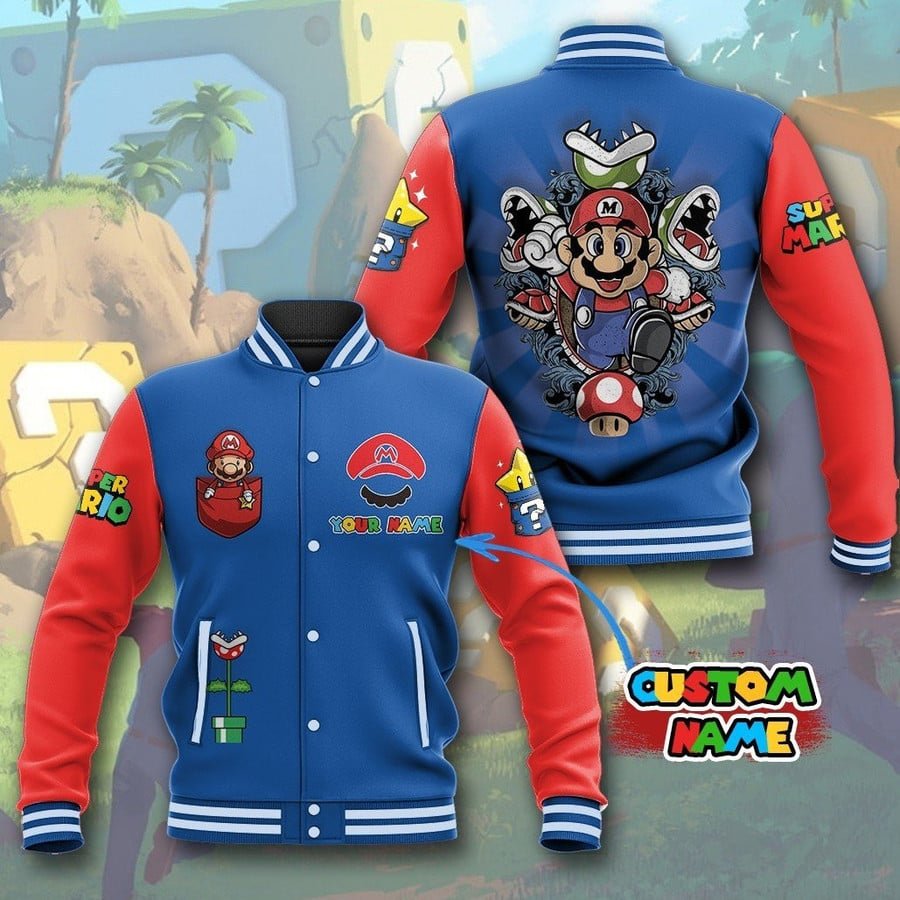 Super Mario Custom Name Baseball Jacket-HD912 - bazzada Store