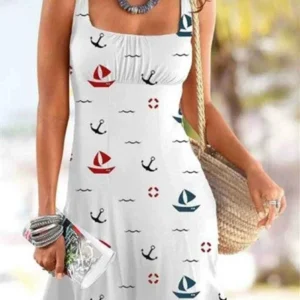 Anchor Boat Print Beach Dress - bazzada Store