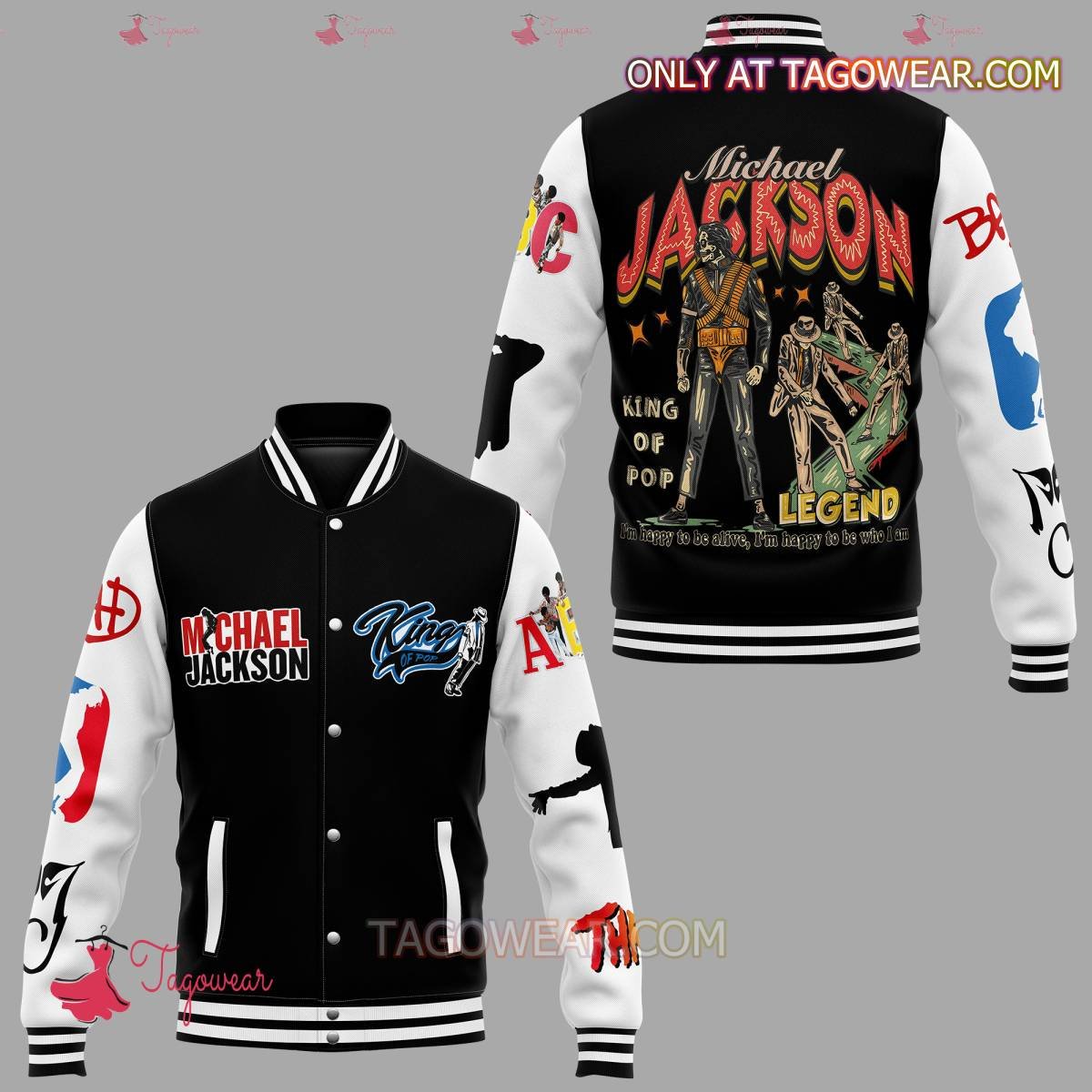 Michael Jackson King Of Pop Legend I'm Happy To Be Alive Baseball Jacket - bazzada Store