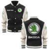 close-up genuine leather sleeve varsity jacket stitching