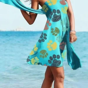 Color Dog Paw Print Beach Bandage Two Wear Dresses - bazzada Store