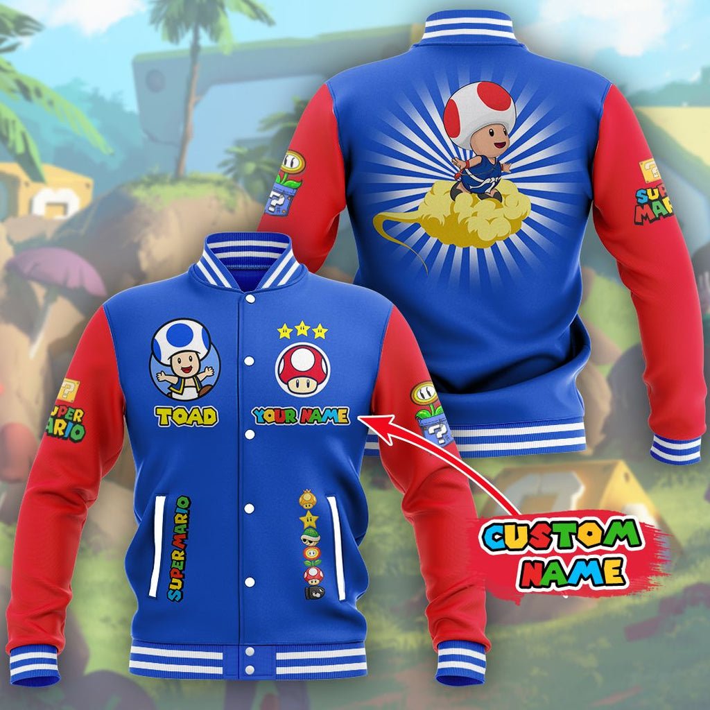 Super Mario Toad Blue Custom Name Baseball Jacket - bazzada Store