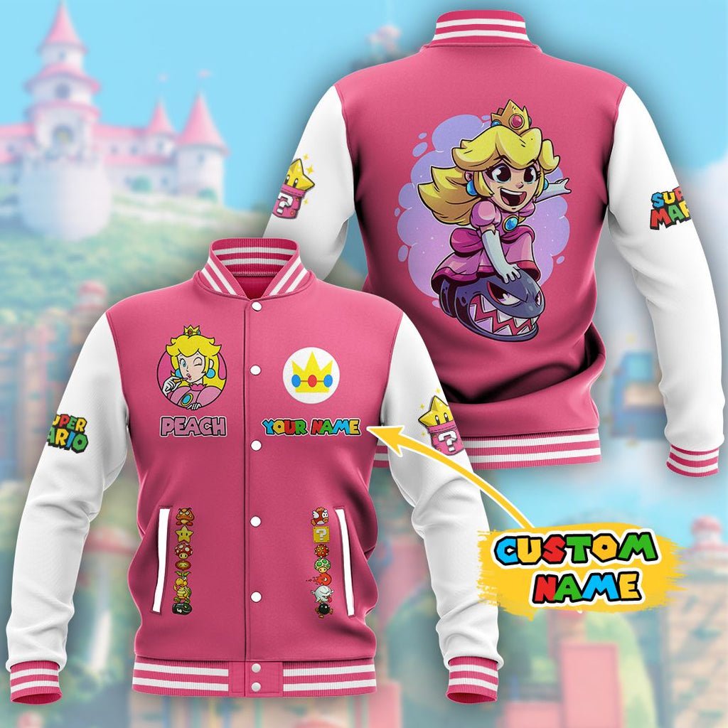 Super Mario Peach Custom Name Baseball Jacket - bazzada Store