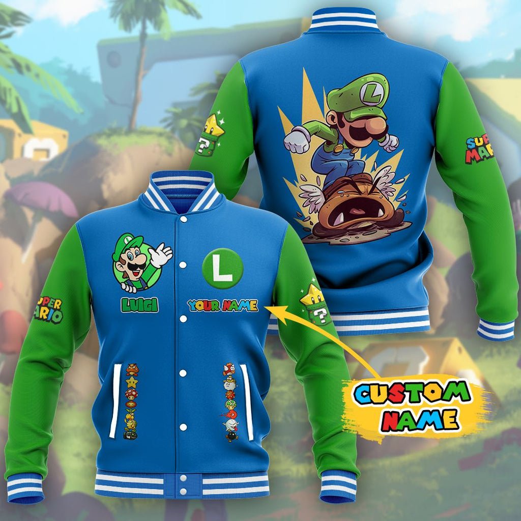 Super Mario Luigi Custom Name Baseball Jacket - bazzada Store