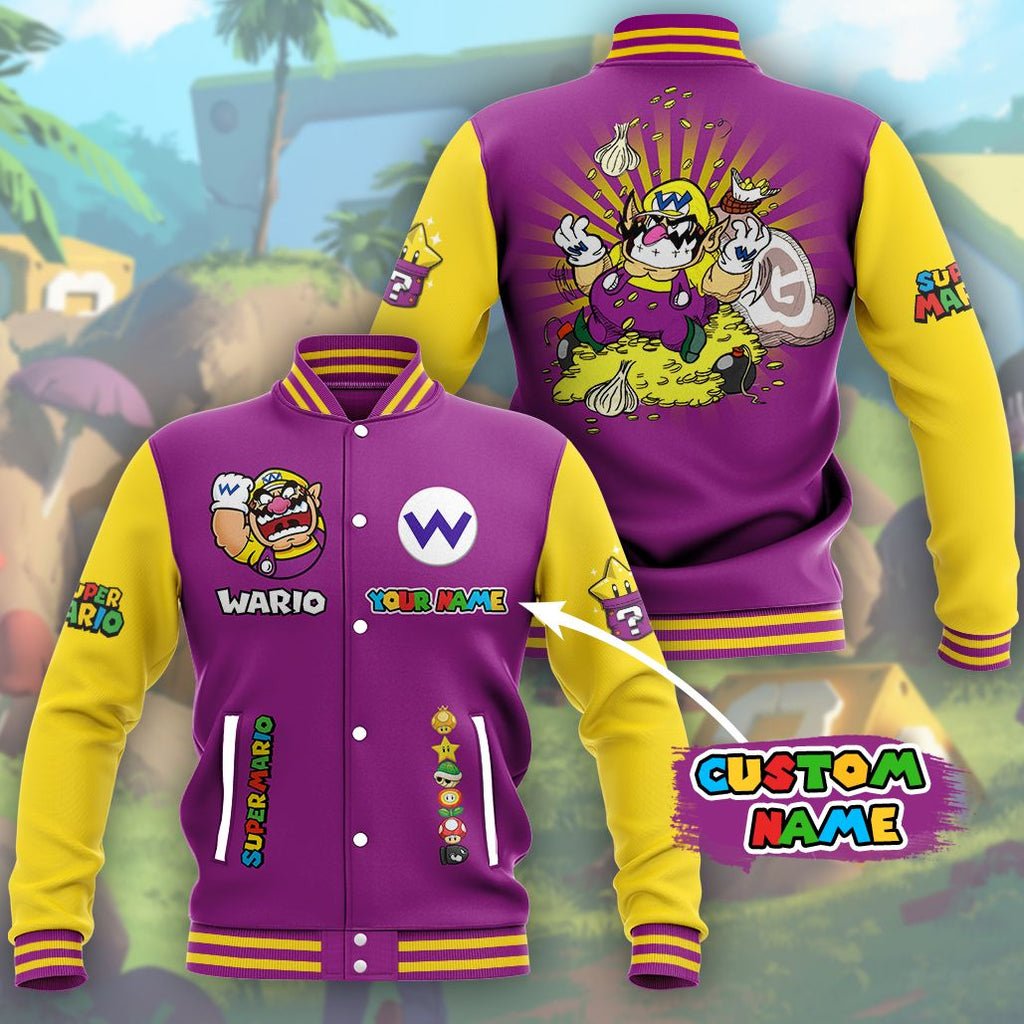 Super Mario Wario Custom Name Baseball Jacket - bazzada Store