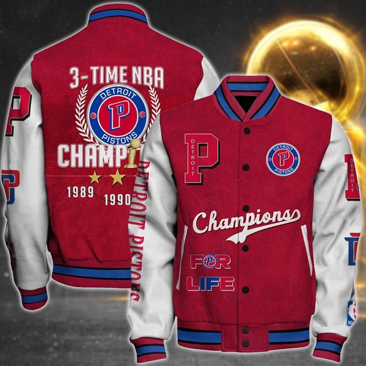 Nba Detroit Pistons 3X Champions Print Varsity Jacket, Baseball Jacket - bazzada Store
