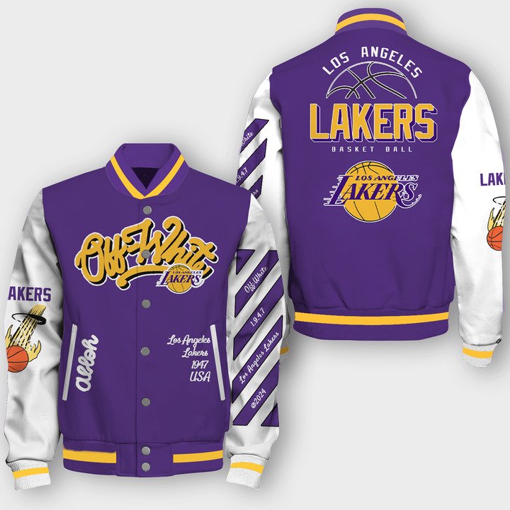 NBA Los Angeles Lakers Off White Varsity Jacket, Baseball Jacket - bazzada Store