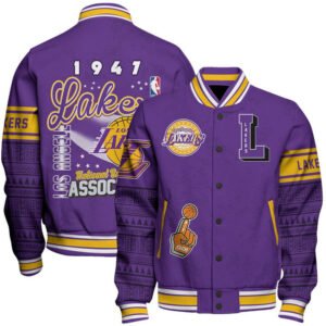 Los Angeles Lakers Team Logo Sport Pattern Vintage Varsity Jacket, Baseball Jacket - bazzada Store