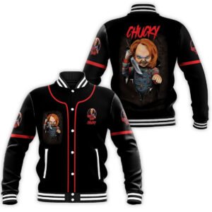 Horror Doll Chucky With Knife Happy Halloween Baseball Jacket - bazzada Store