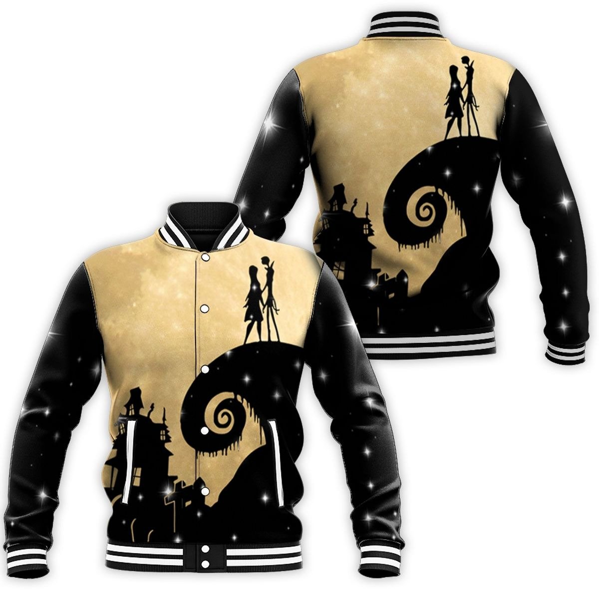 Happy Halloween Nightmare Before Xmas Jack And Sally Baseball Jacket - bazzada Store