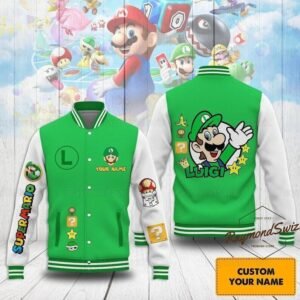 Personalized Luigi Baseball Jacket, Custom Super Mario Unisex Jacket, Luigi Gift - bazzada Store